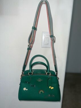 Coach Green Leather Dome Satchel with Striped Rainbow Strap